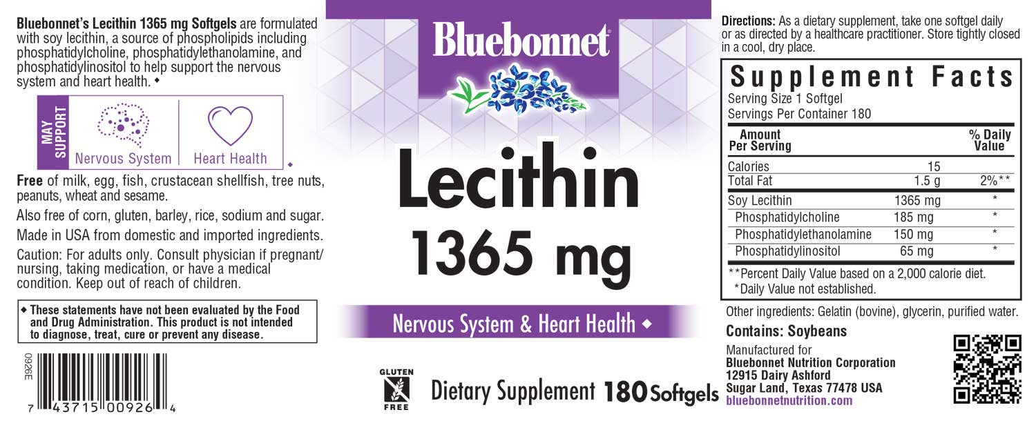 Bluebonnet's Lecithin 1365 mg. 180 softgels.
