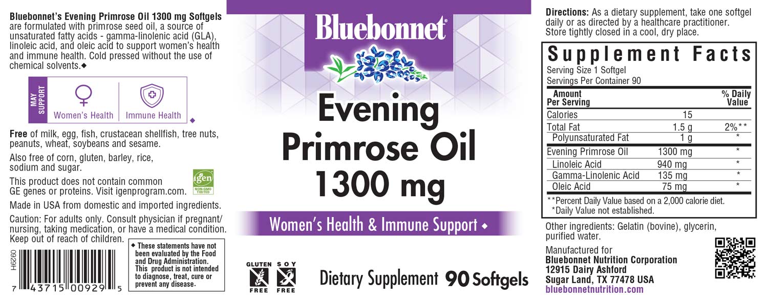 Bluebonnet's Evening Primrose Oil 1300 mg. 90 softgels.