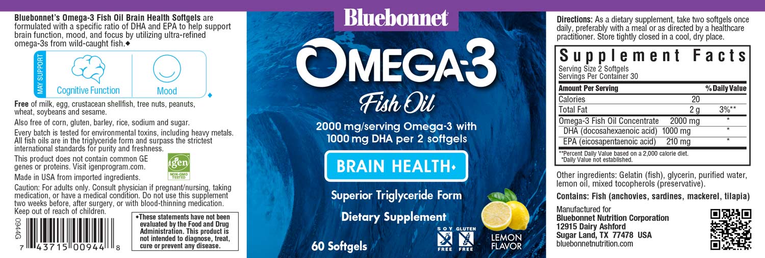 Bluebonnet's Omega-3 Fish Oil Brain Health. 60 softgels