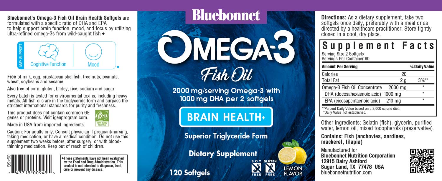 Bluebonnet's Omega-3 Fish Oil Brain Health. 120 softgels