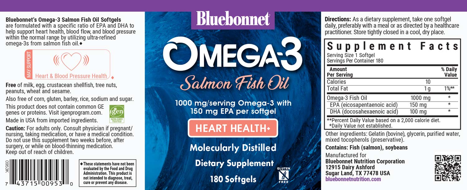 Bluebonnet's Omega-3 Salmon Oil Heart Health. 180 softgels