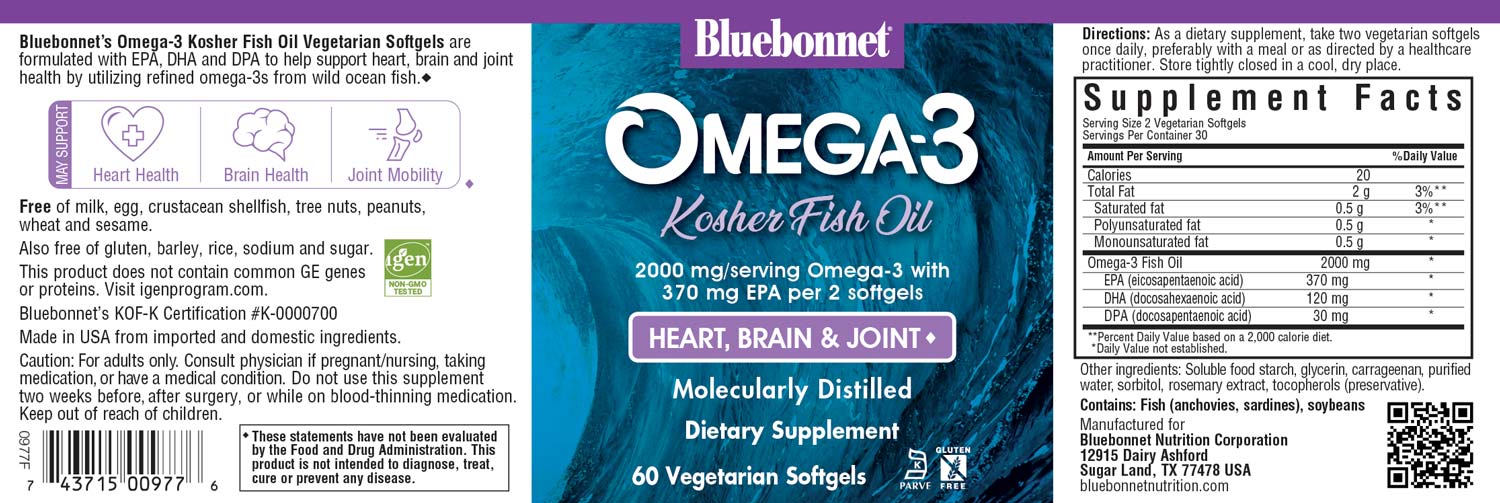 Bluebonnet's Omega-3 Kosher Fish Oil. 60 softgels