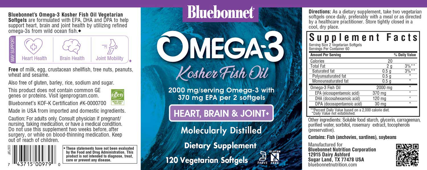 Bluebonnet's Omega-3 Kosher Fish Oil. 120 softgels
