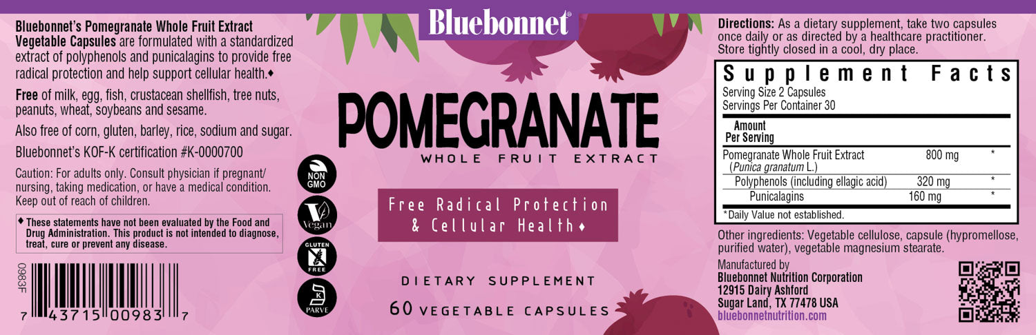 Bluebonnet's Pomegranate whole fruit extract. 60 vegetable capsules