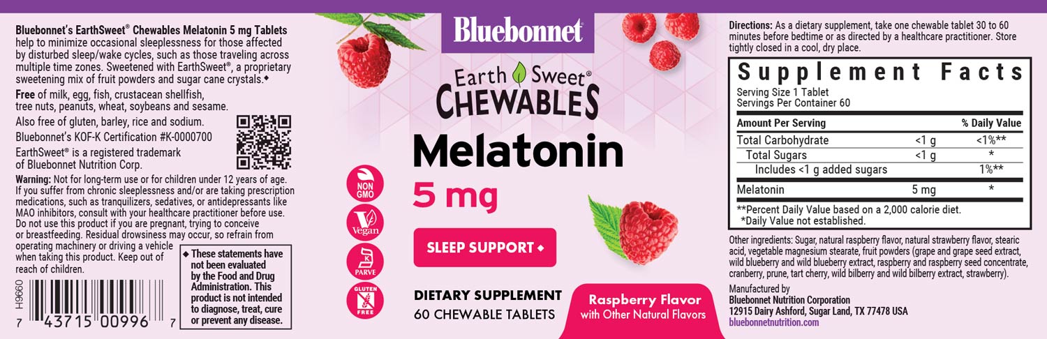 Bluebonnet's Earthsweet chewable melatonin 5 mg. 60 chewable tablets