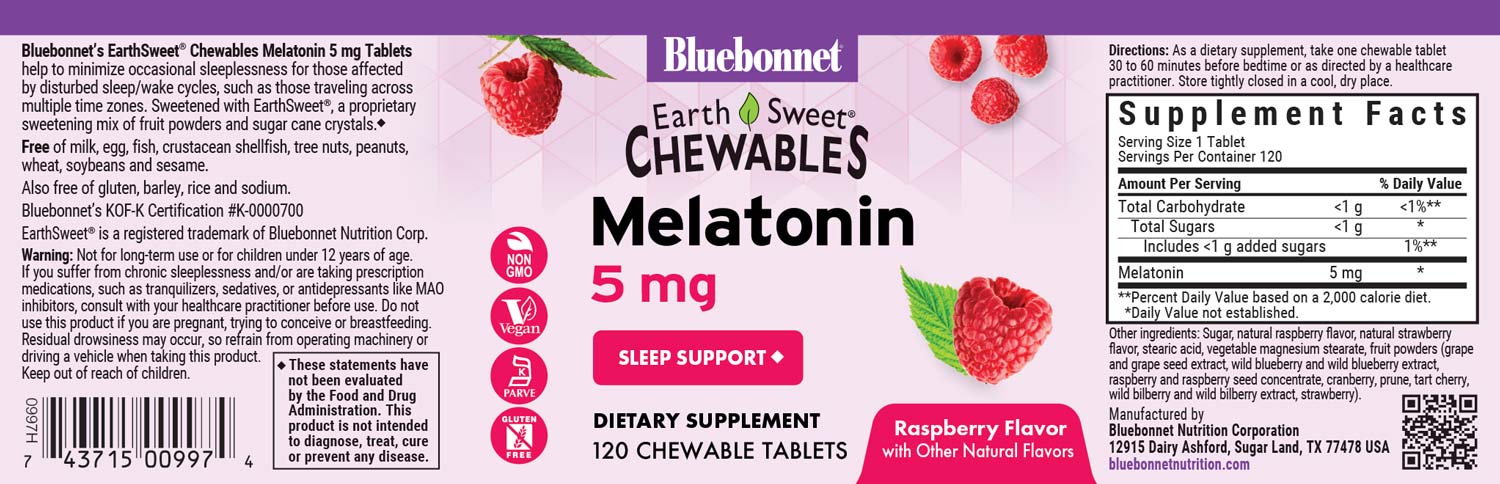 Bluebonnet's Earthsweet chewable melatonin 5 mg. 120 chewable tablets