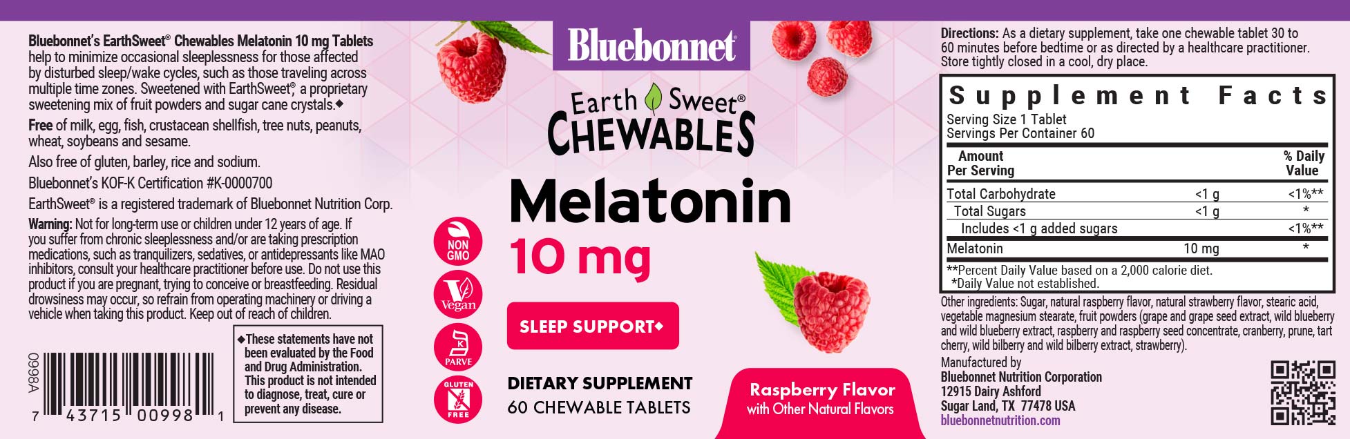 Bluebonnet's Earthsweet chewable melatonin 10 mg. 60 chewable tablets