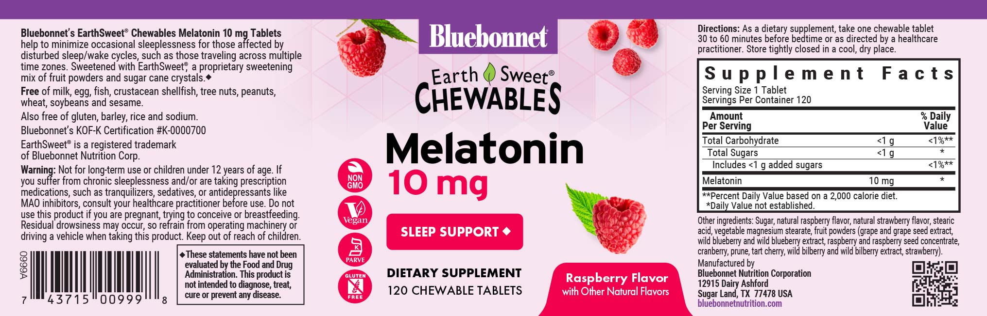 Bluebonnet's Earthsweet chewable melatonin 10 mg. 120 chewable tablets