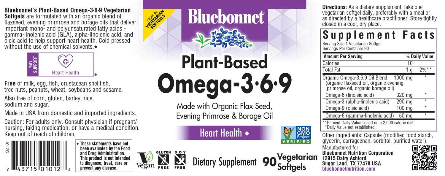 Bluebonnet’s Plant-Based Omega-3•6•9 1000 mg Vegetarian Softgels offer healthy essential mono- and polyunsaturated fatty acids from flaxseed, evening primrose and borage oils, which have the popular alpha- and gamma-linolenic acids plus, oleic acid for cardiovascular support. #size_90 count