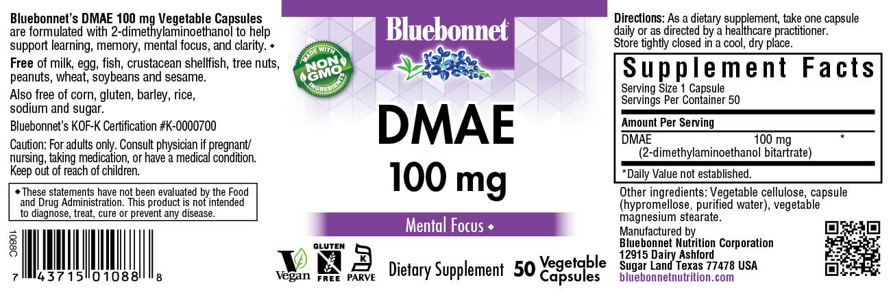 Bluebonnet’s DMAE 100 mg Capsules are formulated with 2-dimethylaminoethanol bitartrate to help support learning, memory, mental focus, and clarity. #size_50 count