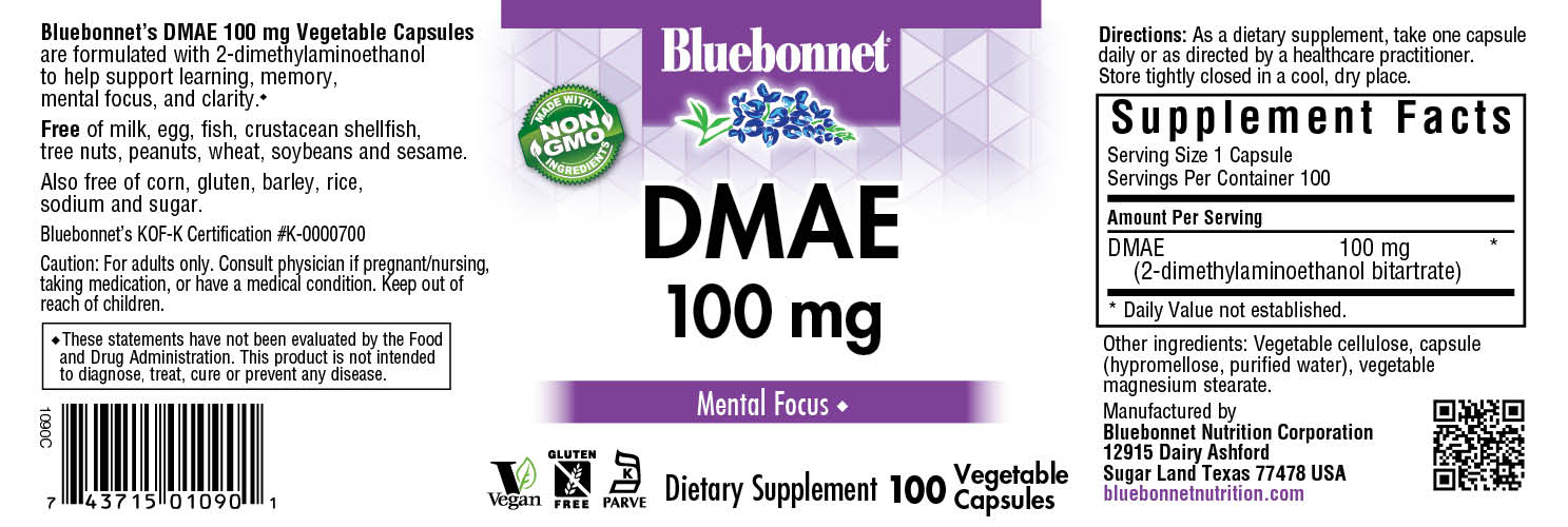 Bluebonnet’s DMAE 100 mg Capsules are formulated with 2-dimethylaminoethanol bitartrate to help support learning, memory, mental focus, and clarity. #size_100 count