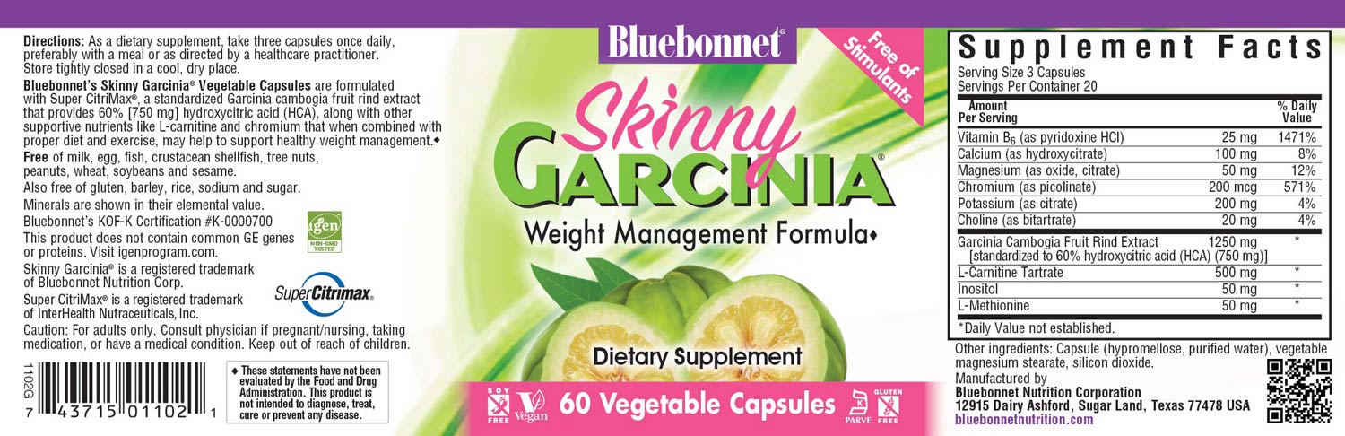 Bluebonnet’s Skinny Garcinia® Vegetable Capsules are specially formulated with the patented South Asian fruit extract, Garcinia cambogia, known as Super CitriMax® that is standardized to 60% [750 mg] hydroxycitric acid (HCA). When combined with proper diet and exercise, this caffeine-free, non-stimulant formula may help support healthy weight management by burning fat, supporting healthy blood sugar levels already within normal range, and curbing appetite. #size_60 count