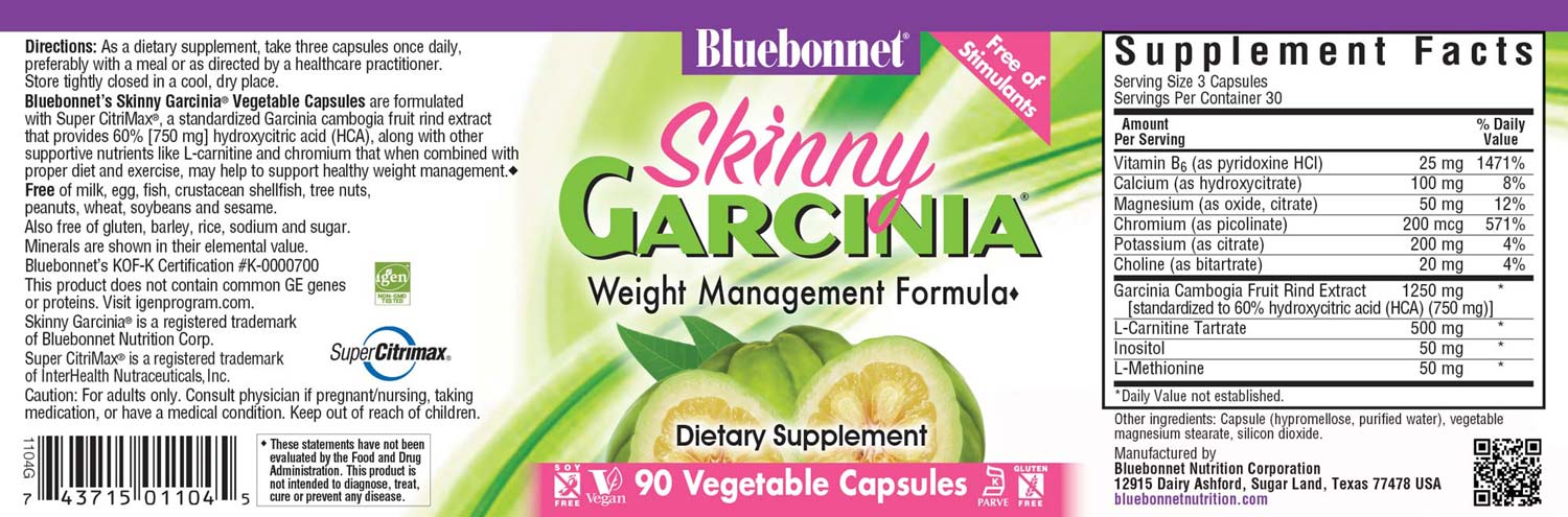 Bluebonnet’s Skinny Garcinia® Vegetable Capsules are specially formulated with the patented South Asian fruit extract, Garcinia cambogia, known as Super CitriMax® that is standardized to 60% [750 mg] hydroxycitric acid (HCA). When combined with proper diet and exercise, this caffeine-free, non-stimulant formula may help support healthy weight management by burning fat, supporting healthy blood sugar levels already within normal range, and curbing appetite. #size_90 count