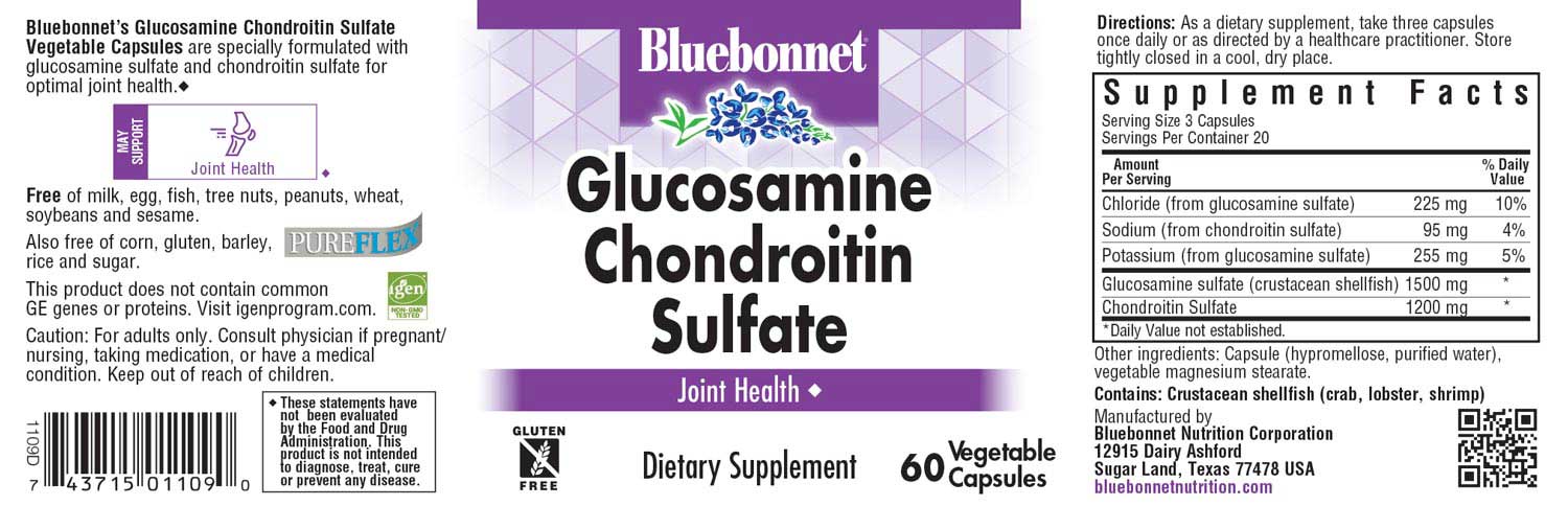 Bluebonnet’s Glucosamine Chondroitin Sulfate Vegetable Capsules are specially formulated with glucosamine sulfate and pure chondroitin sulfate for optimal joint health. #size_60 count