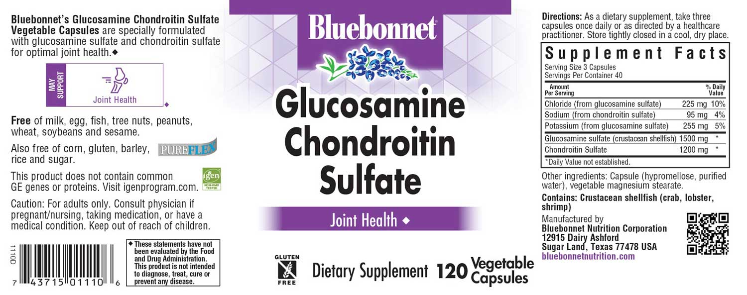 Bluebonnet’s Glucosamine Chondroitin Sulfate Vegetable Capsules are specially formulated with glucosamine sulfate and pure chondroitin sulfate for optimal joint health. #size_120 count