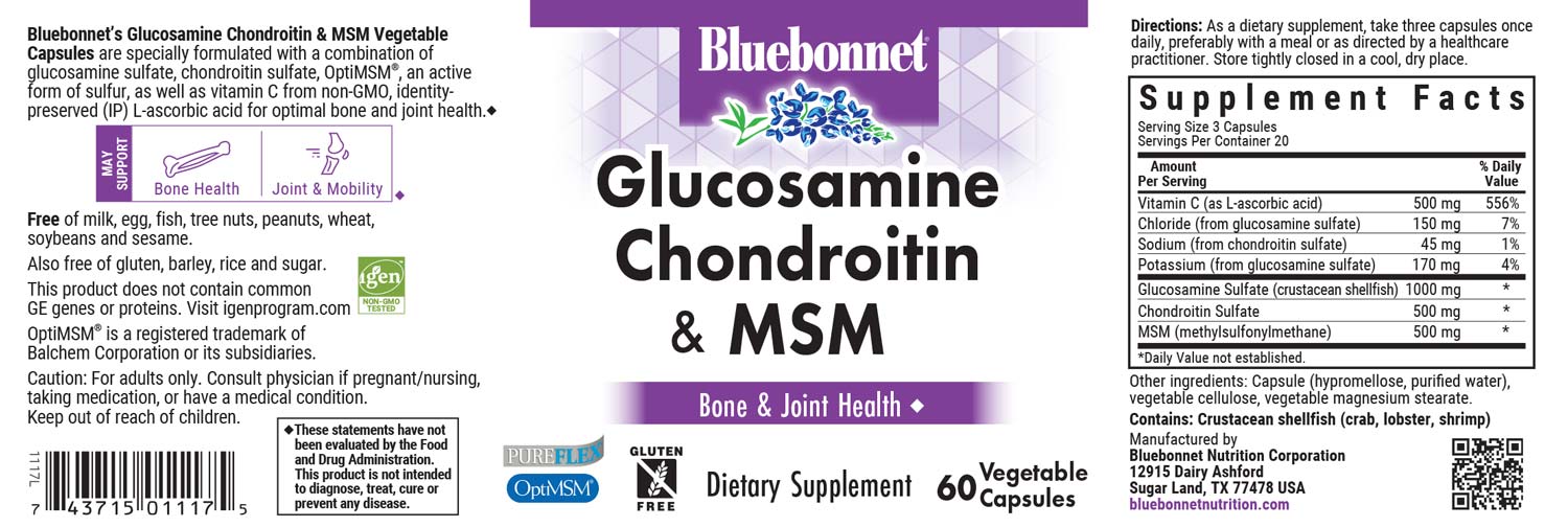 Bluebonnet’s Glucosamine Chondroitin Sulfate & MSM Vegetable Capsules are specially formulated with a combination of glucosamine sulfate, chondroitin sulfate, OptiMSM® an active form of sulfur, as well as vitamin C from Identity-Preserved (IP) L-ascorbic acid for optimal joint health. #size_60 count