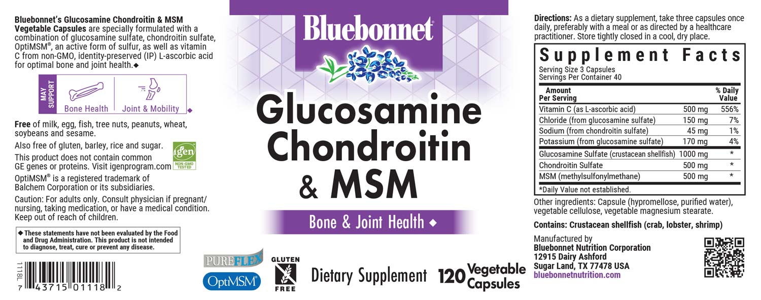 Bluebonnet’s Glucosamine Chondroitin Sulfate & MSM Vegetable Capsules are specially formulated with a combination of glucosamine sulfate, chondroitin sulfate, OptiMSM® an active form of sulfur, as well as vitamin C from Identity-Preserved (IP) L-ascorbic acid for optimal joint health. #size_120 count