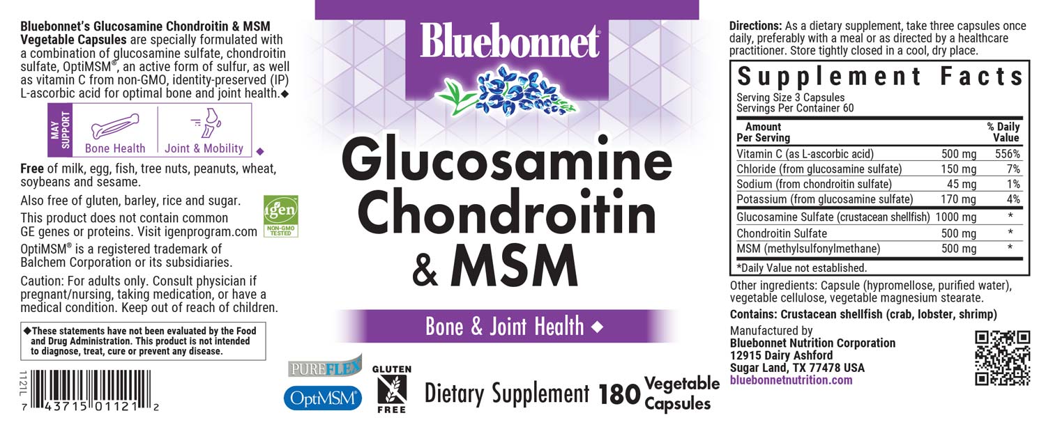 Bluebonnet’s Glucosamine Chondroitin Sulfate & MSM Vegetable Capsules are specially formulated with a combination of glucosamine sulfate, chondroitin sulfate, OptiMSM® an active form of sulfur, as well as vitamin C from Identity-Preserved (IP) L-ascorbic acid for optimal joint health. #size_180 count