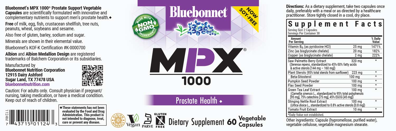 Bluebonnet’s MPX 1000® Prostate Support Vegetable Capsules are scientifically formulated with innovative and complementary nutrients to support men’s prostate health, such as standardized saw palmetto berry, green tea leaf and stinging nettle root extracts, plus beta-sitosterol, pumpkin and flax seed powders with vitamin B6 and the coveted 10:1 ratio of zinc and copper in more bioavailable amino acid chelate forms. #size_60 count