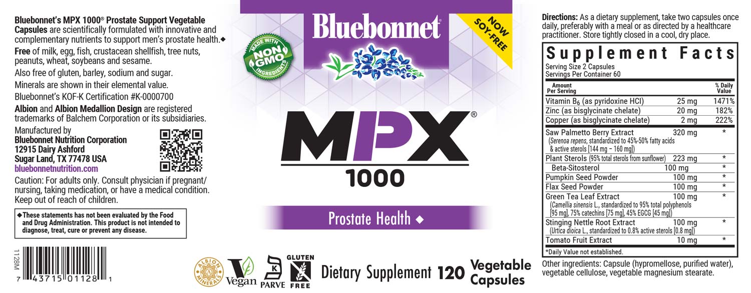 Bluebonnet’s MPX 1000® Prostate Support Vegetable Capsules are scientifically formulated with innovative and complementary nutrients to support men’s prostate health, such as standardized saw palmetto berry, green tea leaf and stinging nettle root extracts, plus beta-sitosterol, pumpkin and flax seed powders with vitamin B6 and the coveted 10:1 ratio of zinc and copper in more bioavailable amino acid chelate forms. #size_120 count