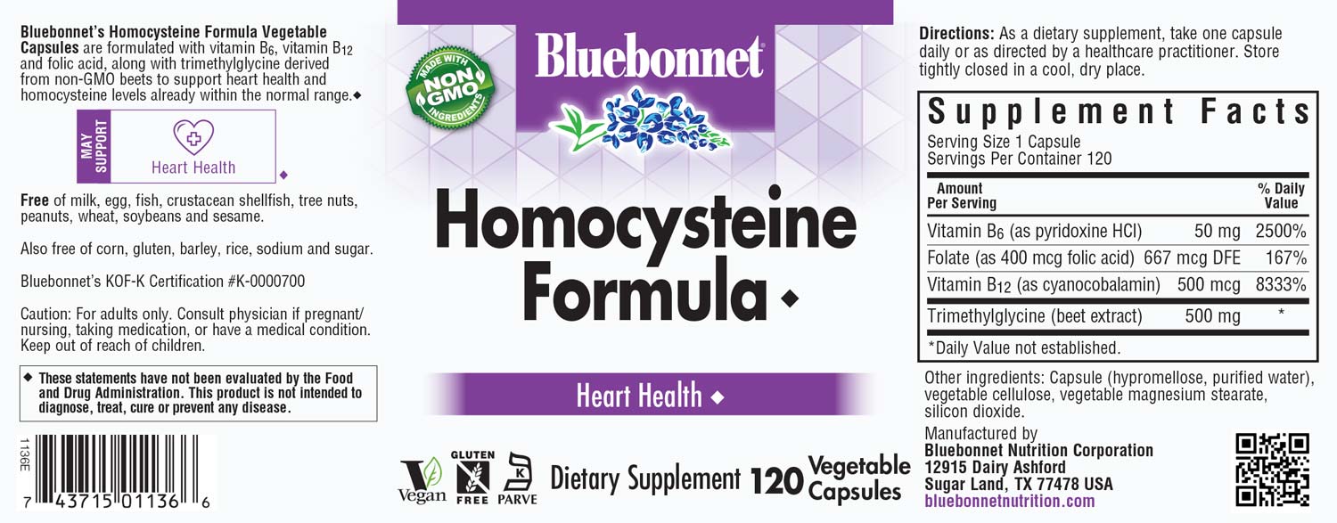 Bluebonnet’s Homocysteine Formula Vegetable Capsules are formulated with vitamin B6, vitamin B12 and folic acid, along with trimethylglycine derived from non-GMO beets to support heart health and homocysteine levels already within the normal range. #size_120 count