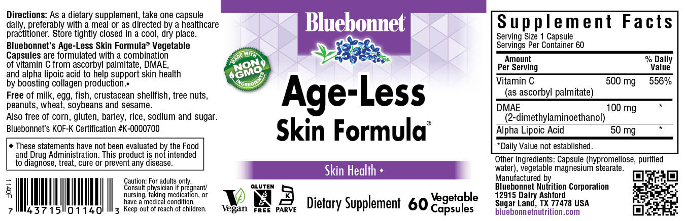 Bluebonnet’s Age-Less Skin Formula® Vegetable Capsules are formulated with a combination of vitamin C from ascorbyl palmitate, DMAE and alpha lipoic acid to help support skin health by boosting collagen production. #size_60 count