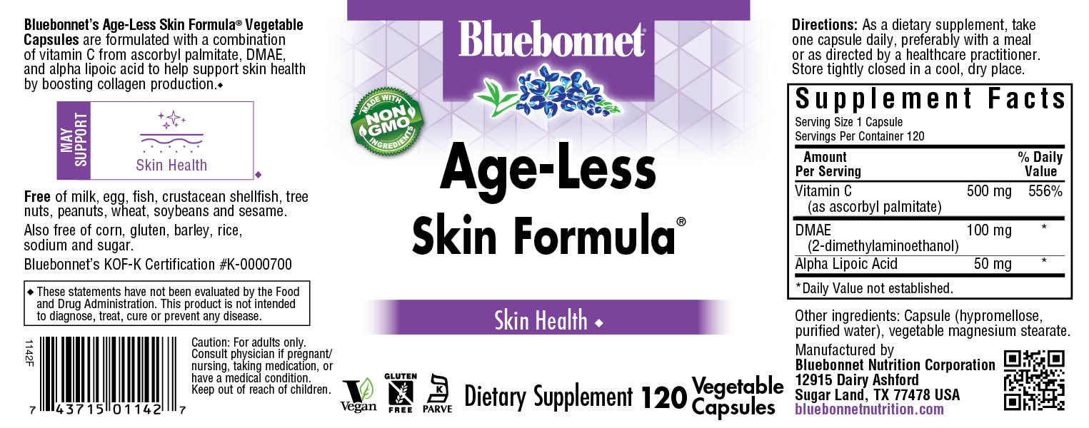 Bluebonnet’s Age-Less Skin Formula® Vegetable Capsules are formulated with a combination of vitamin C from ascorbyl palmitate, DMAE and alpha lipoic acid to help support skin health by boosting collagen production. #size_120 count