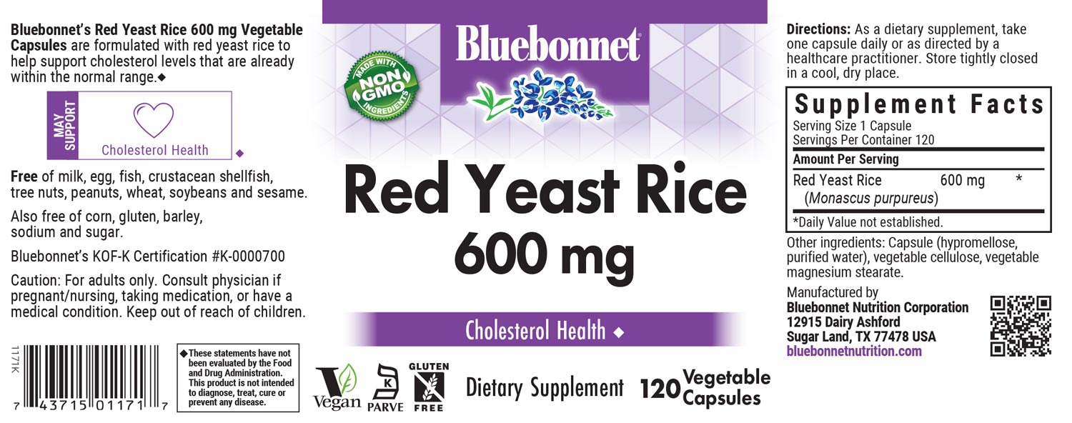 Bluebonnet’s Red Yeast Rice 600 mg 60 Vegetable Capsules are formulated with red yeast rice, which is the product of rice fermentation with various strains of the yeast, Monascus purpureus. Red yeast rice may help to maintain cholesterol levels that are already within the normal range. #size_120 count