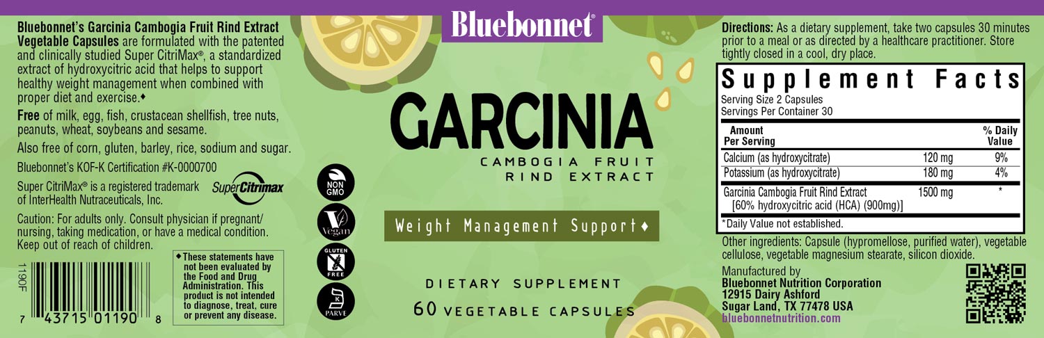 Bluebonnet’s Super Fruit Garcinia Cambogia Fruit Rind Extract Vegetable Capsules are formulated with a patented Garcinia cambogia extract, known as Super CitriMax®, that is standardized for 60% hydroxycitric acid (HCA). When combined with proper diet and exercise, HCA may support healthy weight management by inhibiting fat production, burning fat, and curbing appetite. #size_60 count