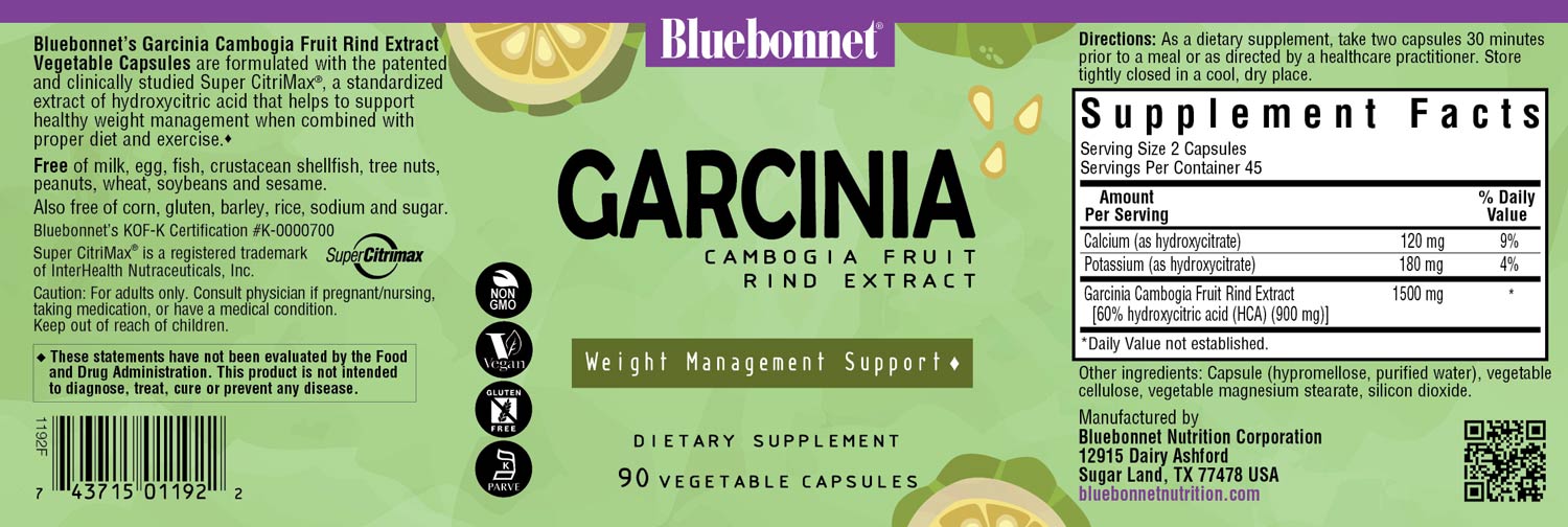 Bluebonnet’s Super Fruit Garcinia Cambogia Fruit Rind Extract Vegetable Capsules are formulated with a patented Garcinia cambogia extract, known as Super CitriMax®, that is standardized for 60% hydroxycitric acid (HCA). When combined with proper diet and exercise, HCA may support healthy weight management by inhibiting fat production, burning fat, and curbing appetite. #size_90 count