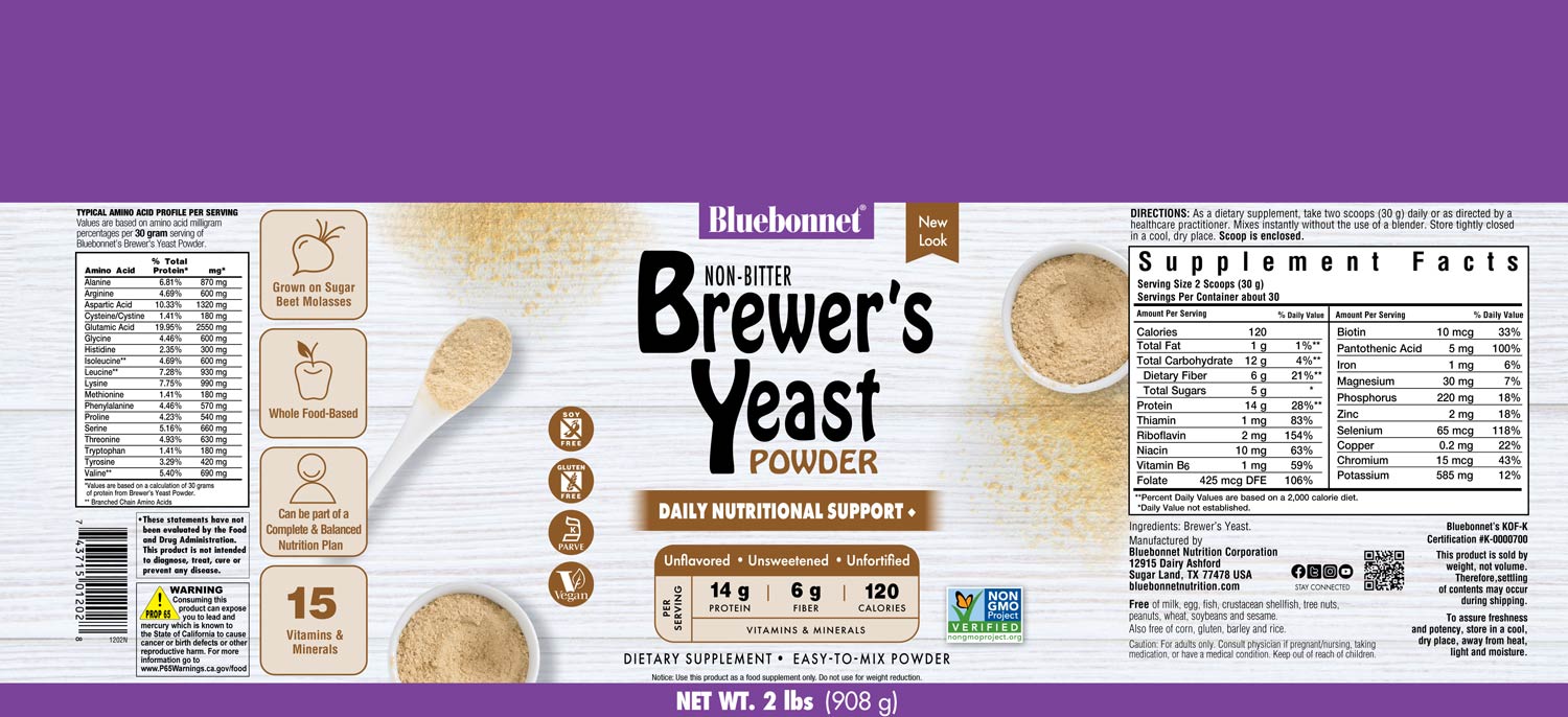 Bluebonnet’s Super Earth® Brewer’s Yeast Powder is formulated with a select strain of Saccharomyces cerevisiae that is carefully grown on certified non-GMO sugar beet molasses instead of the typical grain-derived brewer’s yeast that is recovered from the beer-brewing process. #size_2lb