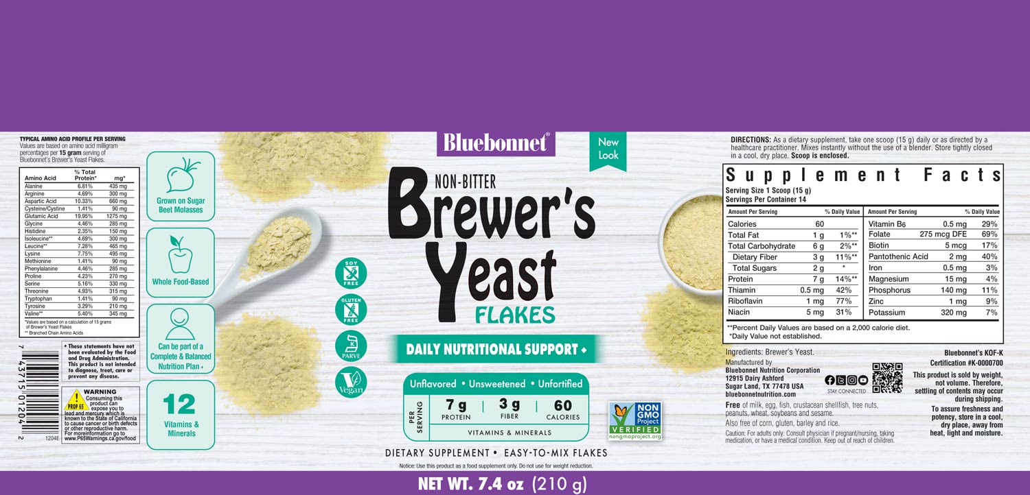 Bluebonnet's Brewer’s Yeast Flakes is formulated with a select strain of Saccharomyces cerevisiae that is carefully grown on certified non-GMO sugar beet molasses instead of the typical grain-derived brewer’s yeast that is recovered from the beer-brewing process. #size_7.40z