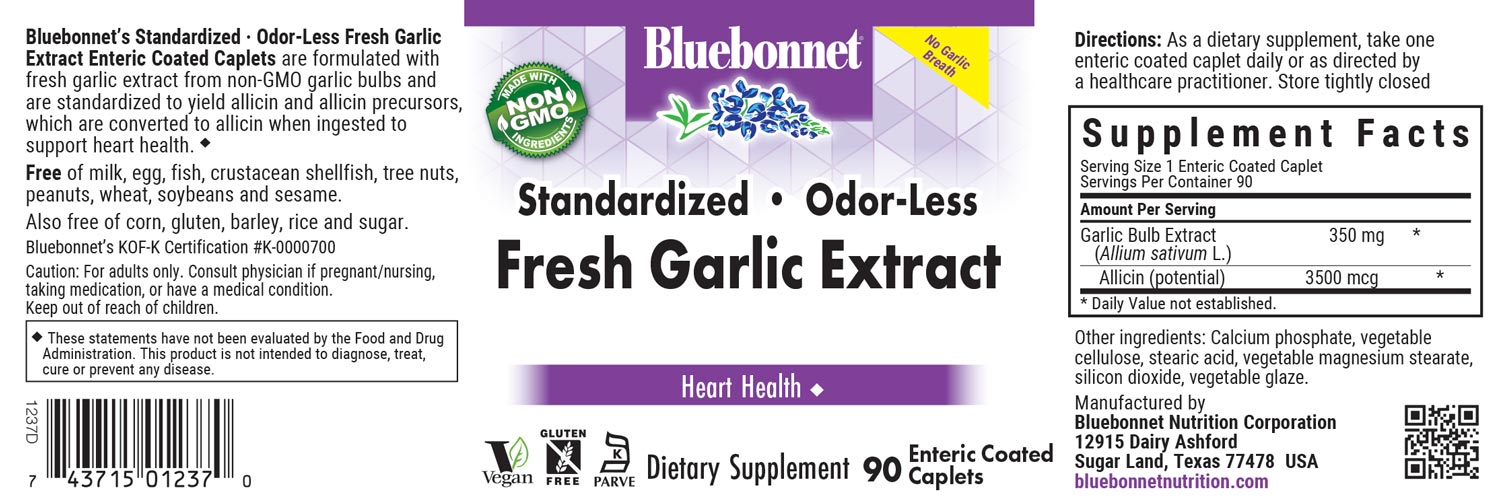 Bluebonnet’s Standardized Odor-Less Fresh Garlic Extract Enteric Coated Caplets are formulated with fresh garlic extract from non-GMO garlic bulb and are standardized to yield allicin and allicin precursors, which are converted to allicin when ingested to support heart health. #size_90 count