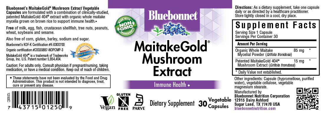 Bluebonnet’s MaitakeGold® Mushroom Extract Capsules have been expertly formulated with a combination of clinically studied, patented MaitakeGold 404®extract with organic whole maitake mycelia grown on brown rice to support immune health. #size_30 count