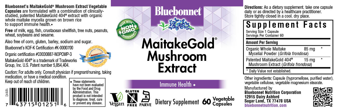 Bluebonnet’s MaitakeGold® Mushroom Extract Capsules have been expertly formulated with a combination of clinically studied, patented MaitakeGold 404®extract with organic whole maitake mycelia grown on brown rice to support immune health. #size_60 count