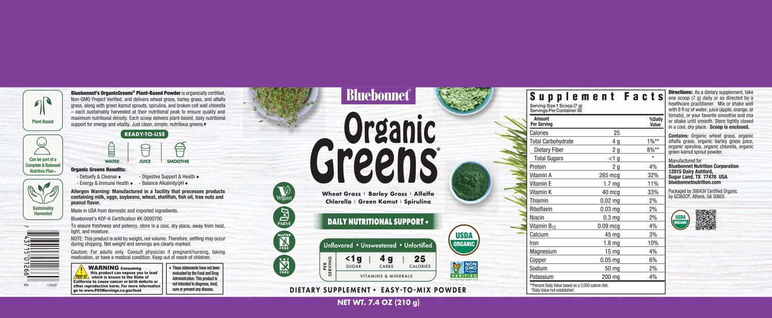 Bluebonnet’s Super Earth® OrganicGreens are the perfect addition to any healthy diet, providing the opportunity to meet the recommended five servings per day of fruits and vegetables in one delicious scoop. #size_7.4oz
