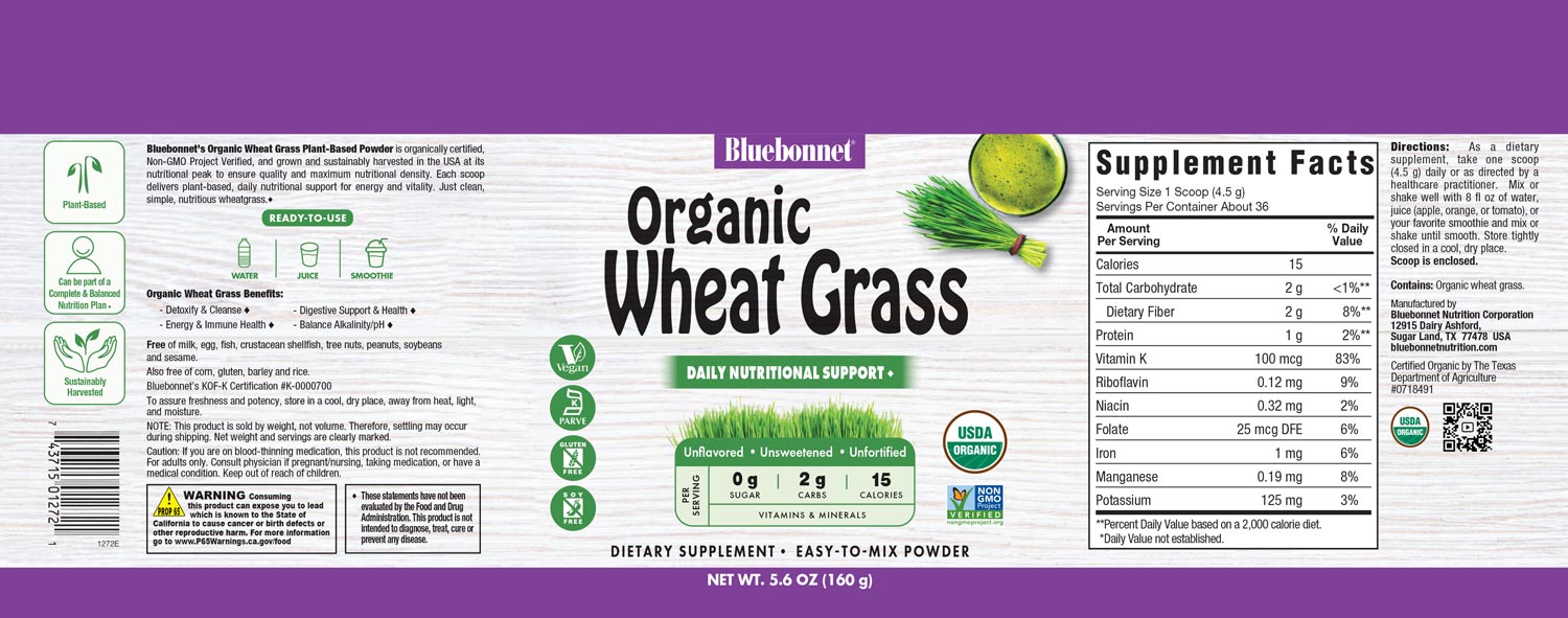 Bluebonnet’s Organic WheatGrass Powder provides 100% organic certified and non-GMO verified wheatgrass with no added sweeteners, flavors or colors. #size_5.6oz