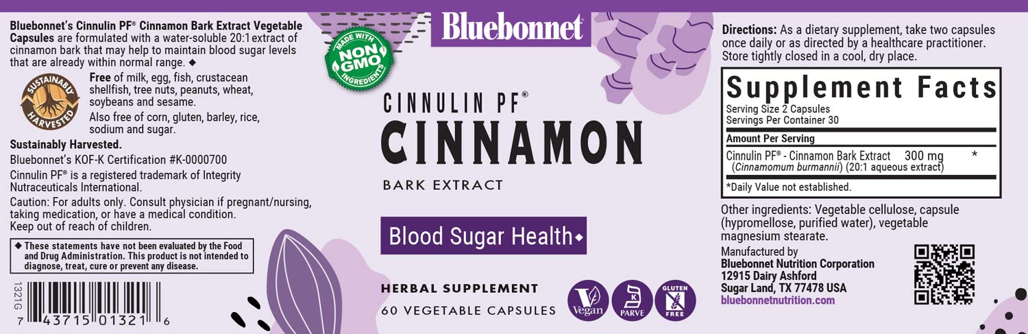 Bluebonnet's Cinulin PF Cinnamon Bark Extract. 60 vegetable capsules