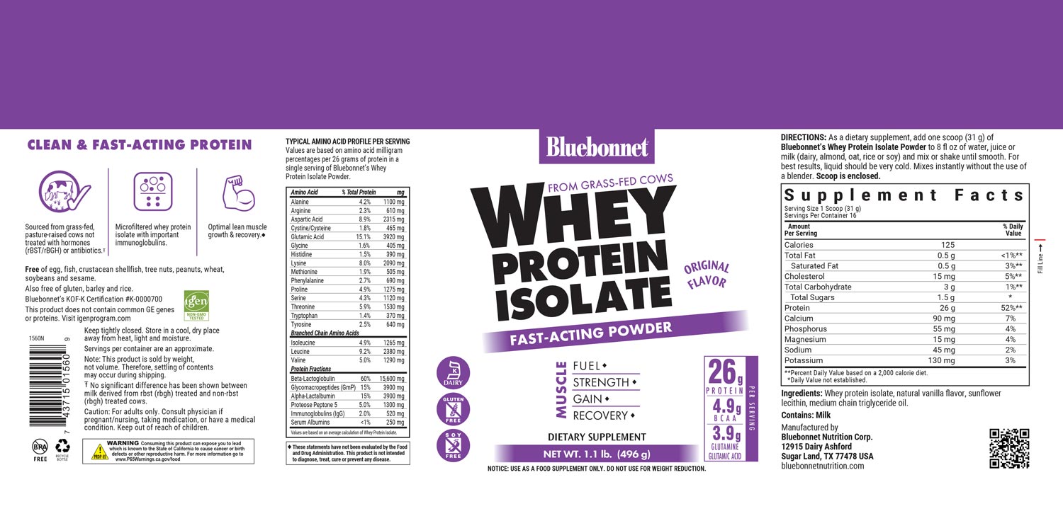 Bluebonnet's Whey Protein Isolate. Original flavor. 1.1 lb canister