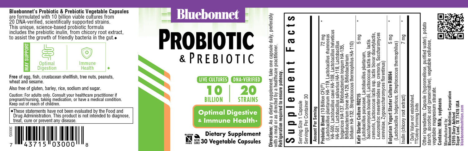 Bluebonnet’s Probiotic & Prebiotic Vegetable Capsules are formulated with 10 billion viable cultures from 20 DNA-verified, scientifically supported strains. This unique, science-based probiotic formula includes the prebiotic inulin from chicory root extract, to assist the growth of friendly bacterium in the gut. #size_30 count
