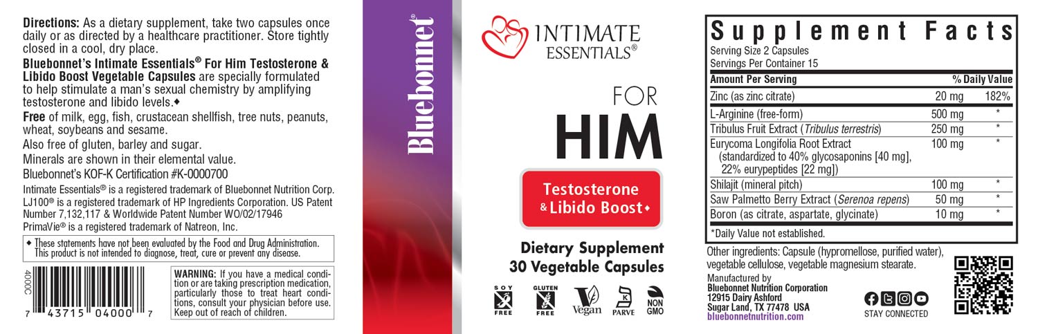 Bluebonnet’s Intimate Essentials® For Him Testosterone & Libido Boost Vegetable Capsules are specially formulated to help stimulate a man’s sexual chemistry by amplifying testosterone and libido levels. #size_30 count