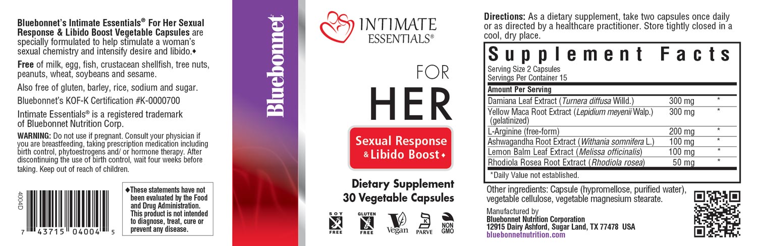 Bluebonnet’s Intimate Essentials® For Her Sexual Response & Libido Boost Vegetable Capsules are specially formulated to help stimulate a woman’s sexual chemistry and intensify desire and libido. #size_30 count