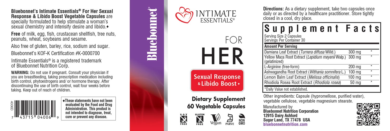 Bluebonnet’s Intimate Essentials® For Her Sexual Response & Libido Boost Vegetable Capsules are specially formulated to help stimulate a woman’s sexual chemistry and intensify desire and libido. #size_60 count