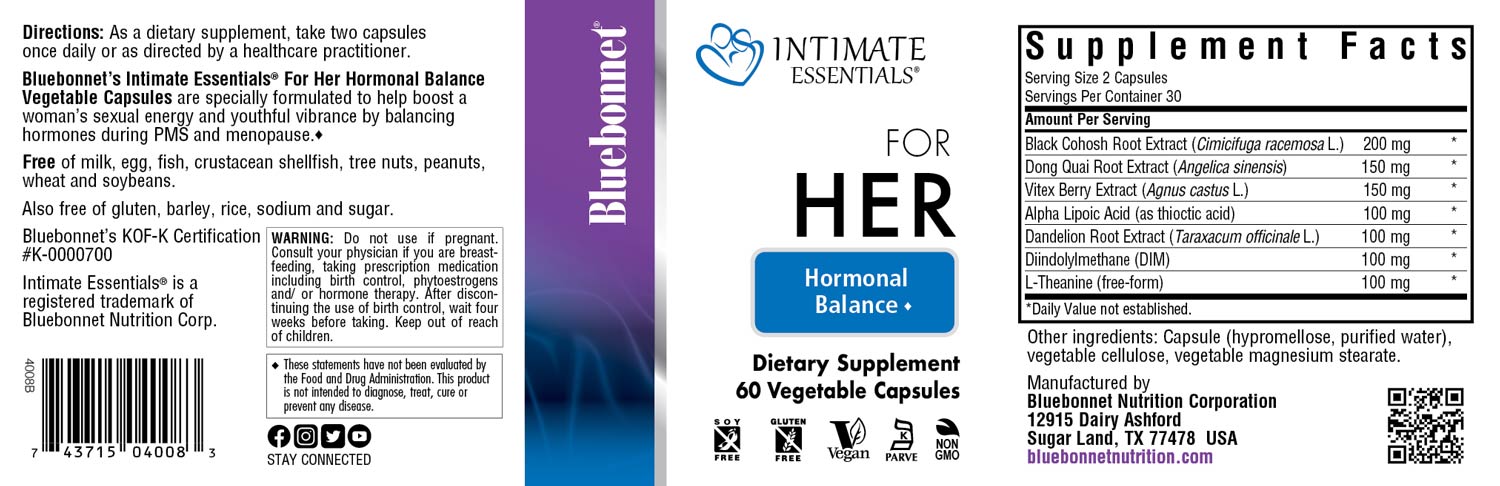 Bluebonnet’s Intimate Essentials® For Her Hormonal Balance Capsules are specially formulated to help boost a woman’s sexual energy and youthful vibrance by balancing hormones during PMS and menopause. Available in easy-to-swallow vegetable capsules for maximum assimilation and absorption. #size_60 count