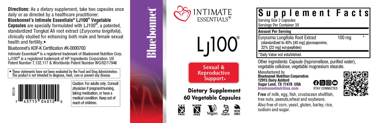 Bluebonnet’s Intimate Essentials® LJ100® Vegetable Capsules are specially formulated with LJ100®, a patented, standardized Tongkat Ali root extract (Eurycoma longifolia), clinically studied for enhancing both male and female sexual health and fertility. #size_60 count