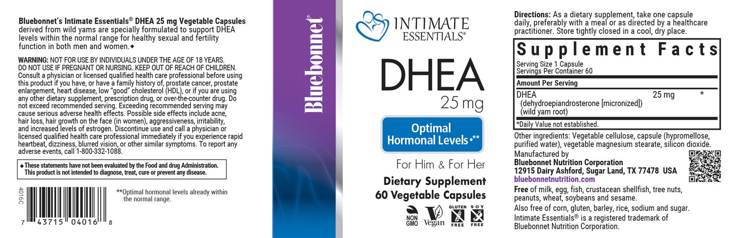 Bluebonnet’s Intimate Essentials® DHEA 25 mg Vegetable Capsules derived from wild yams are specially formulated to support DHEA levels within the normal range for healthy sexual and fertility function in both men and women. #size_60 count