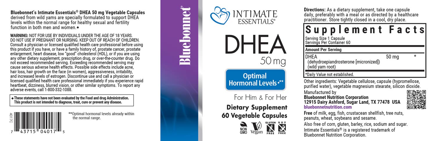 Bluebonnet’s Intimate Essentials® DHEA 50 mg Vegetable Capsules derived from wild yams are specially formulated to support DHEA levels within the normal range for healthy sexual and fertility function in both men and women. #size_60 count