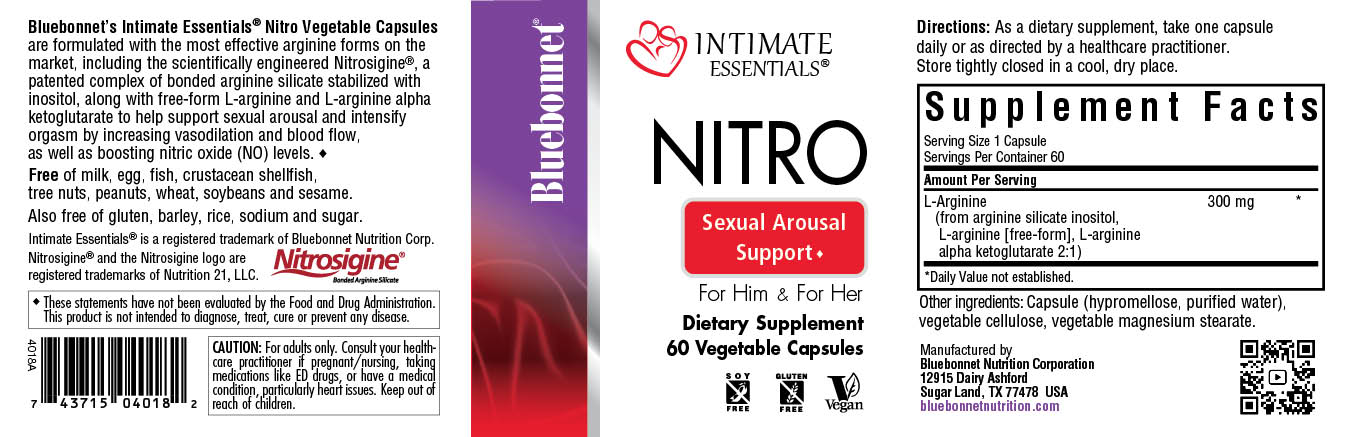 Bluebonnet’s Intimate Essentials® Nitro Vegetable Capsules are formulated with the most effective arginine forms on the market, including the scientifically engineered Nitrosigine®, a patented complex of bonded arginine silicate stabilized with inositol, along with free-form L-arginine and L-arginine alpha ketoglutarate to help support sexual arousal and intensify orgasm by increasing vasodilation and blood flow, as well as boosting nitric oxide (NO) levels. #size_60 count