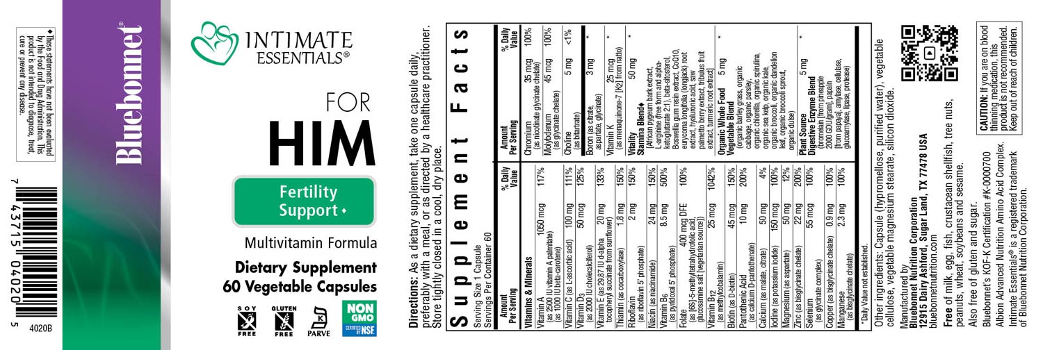 Bluebonnet’s Intimate Essentials® Fertility For HIM Whole Food-Based Multiple Vegetable Capsules are specially formulated to help support a man’s fertility by providing the necessary vitamins, minerals and botanicals needed for optimal reproductive health and wellness. #size_60 count