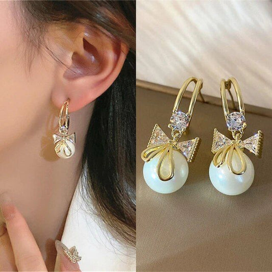 Elegant Pearl Bow Dangle Earrings